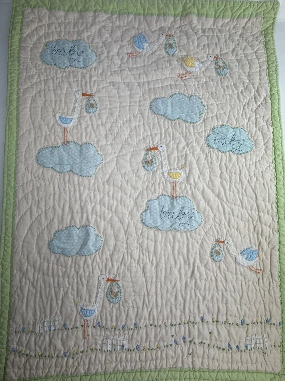 36 X 50 Vintage Pottery Barn Baby Quilt Blanket with  Embroidered Design